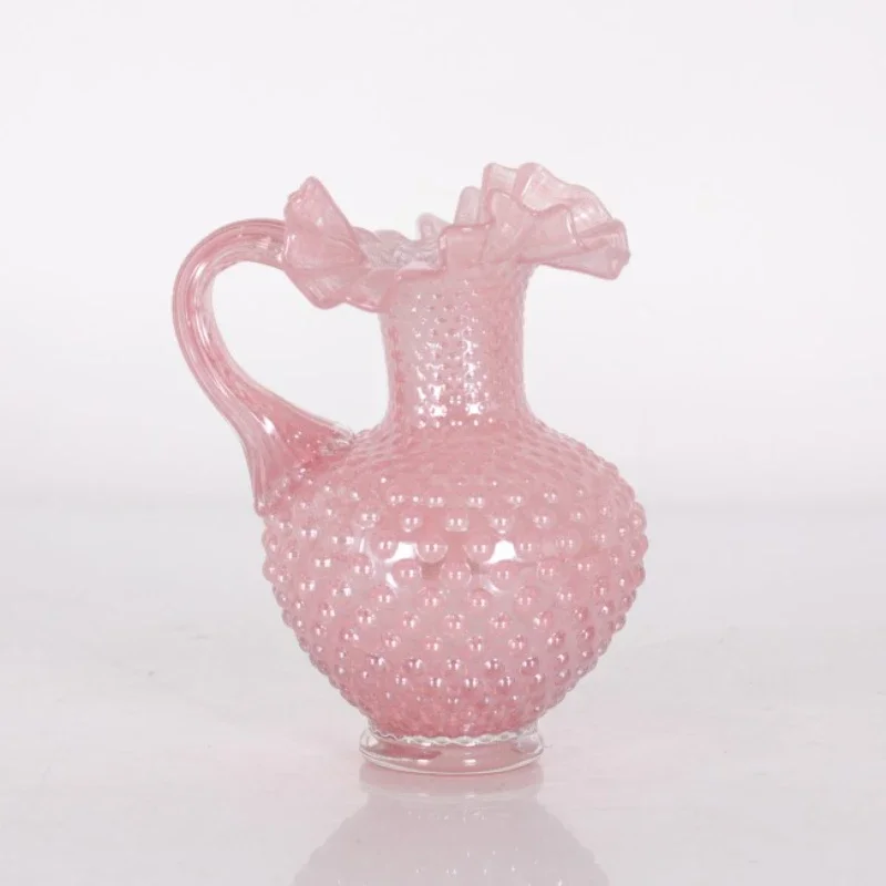 

Pink Pleated Lace Mouth Bead Dot Handmade Glass Vase Single Ear Handle Flower Arranger