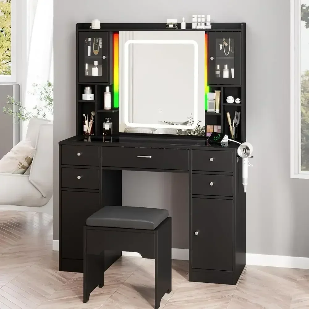 LED Mirror Vanity Desk with Charging Station, RGB Lights, 5 Drawers, Glass Top & Time Display Makeup Vanity Set