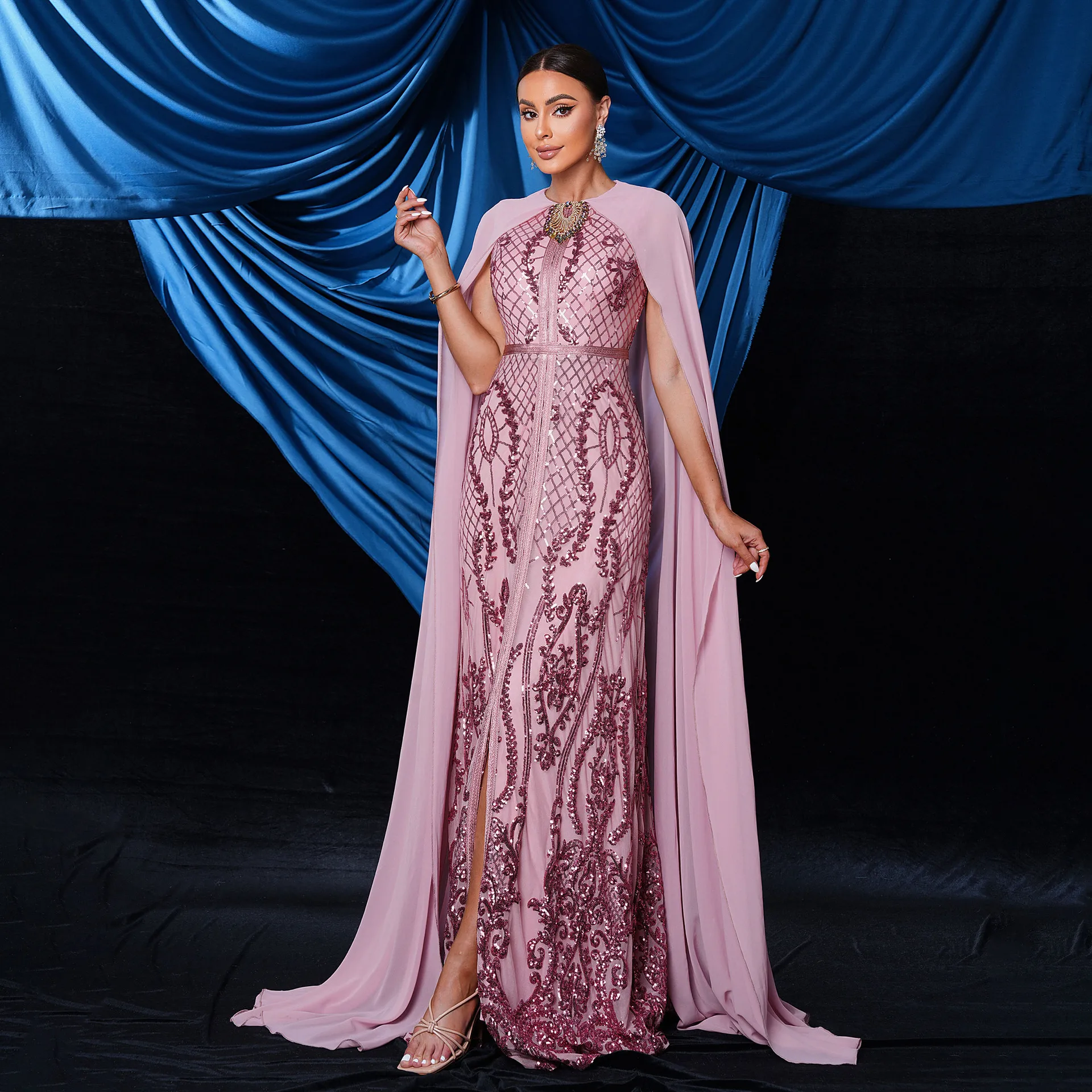 

Ele Sexy Gown with Fly Sve round Ne Sparkling Performance Evening Dr Maid of Dr High Waist Knitted Polye...