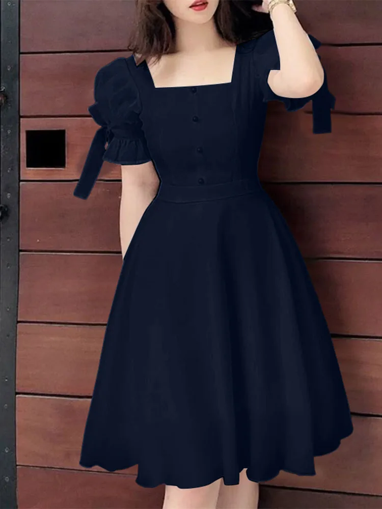 فستان حفلات نسائي من ZANZEA صيفي بأكمام قصيرة وخصر عالي على شكل حرف a بطول الركبة فستان صيفي مثير بياقة مربعة رداء شاطئ غير رسمي متين