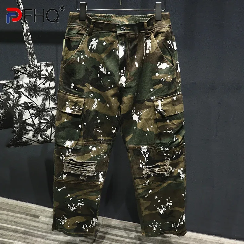 PFHQ American Pocket Loose Camouflage Workwear Men's Versatile Trendy Casual Paint 2024 Contrast Color Male Trousers 21Z6005