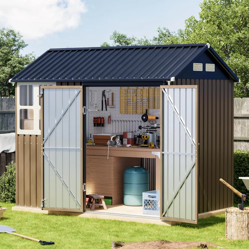 

6X8FT Outdoor Steel Storage Shed with Clear Window, Lockable Doors, Weather-Resistant Metal Tool Shed ,and Utility Storage