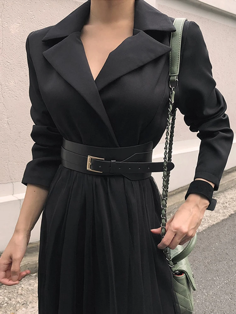 Fashion Korean Women Dress Chic Black Temperament Formal Vintage Casual Belt Slim Midi Party Club Prom Robe Femme Mujer Vestidos