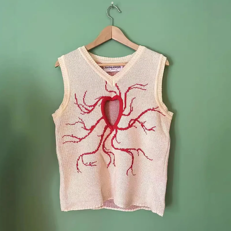 Sexy Heart Hollow Out Knit Tank Tops Mens Vintage Y2K Style Vest Shirt Men Spring Trendy Sleeveless V Neck Knitting Camisoles