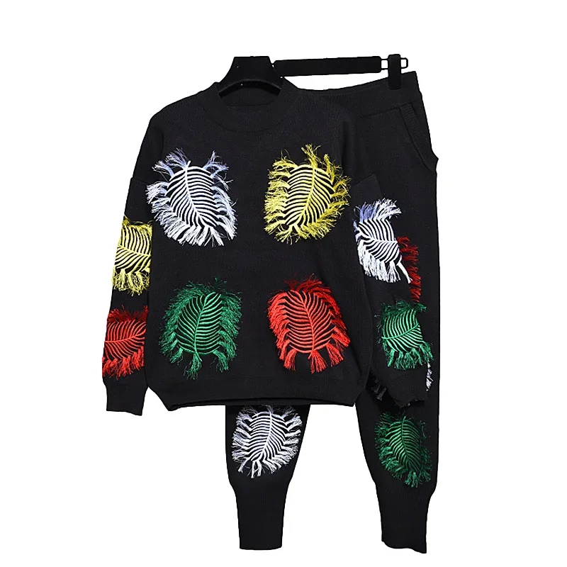 Autumn Women New Fashion Embroidery Knitted Tracksuits Casual Outfits Loose Black Knit Pullover Sweater Pencil Pants Set Female