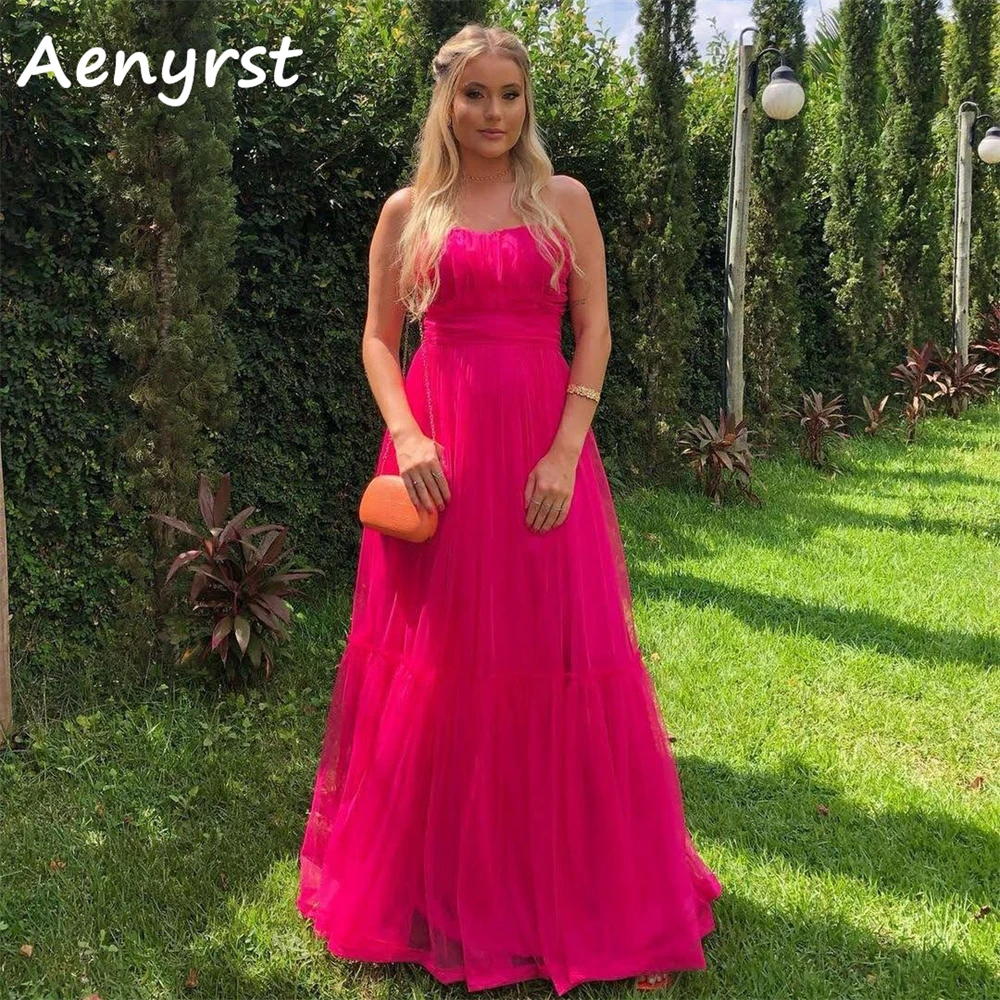 Aenyrst Strapless A Line Prom Dresses For Women Tulle Long Pageant Gowns Floor Length Dinner Party Dress Simple فساتين السهرة