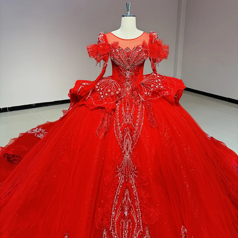 Customized Luxury New Listing Red Long Sleeves Evening Dress Women Ball Gown DW0058