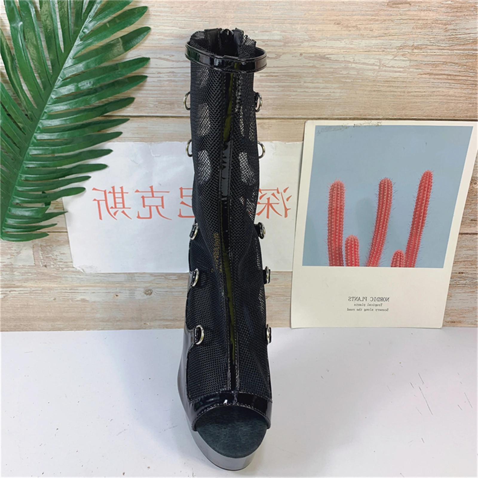 2025 القوطية فم السمكة أحذية النساء شبكة والجلود منصة خنجر الكعوب عبر الدانتيل يصل حلقات معدنية اللمحة تو حذاء من الجلد