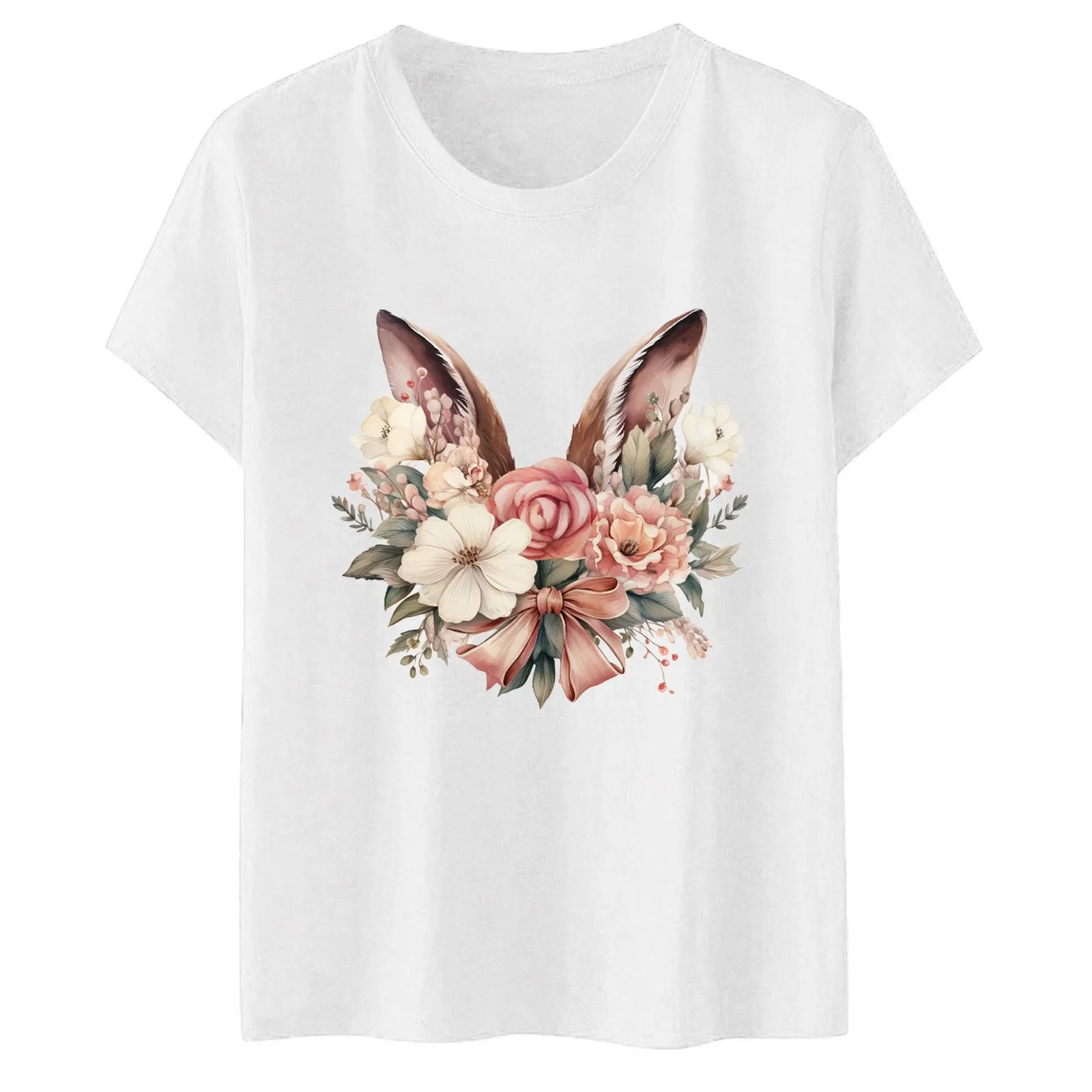 Coniglio Stampa Tees 2024 Estate Nuove Signore Casual Girocollo Maniche corte T Shirt Bunny Fiore Graphic Top tees Camisetas Pasqua