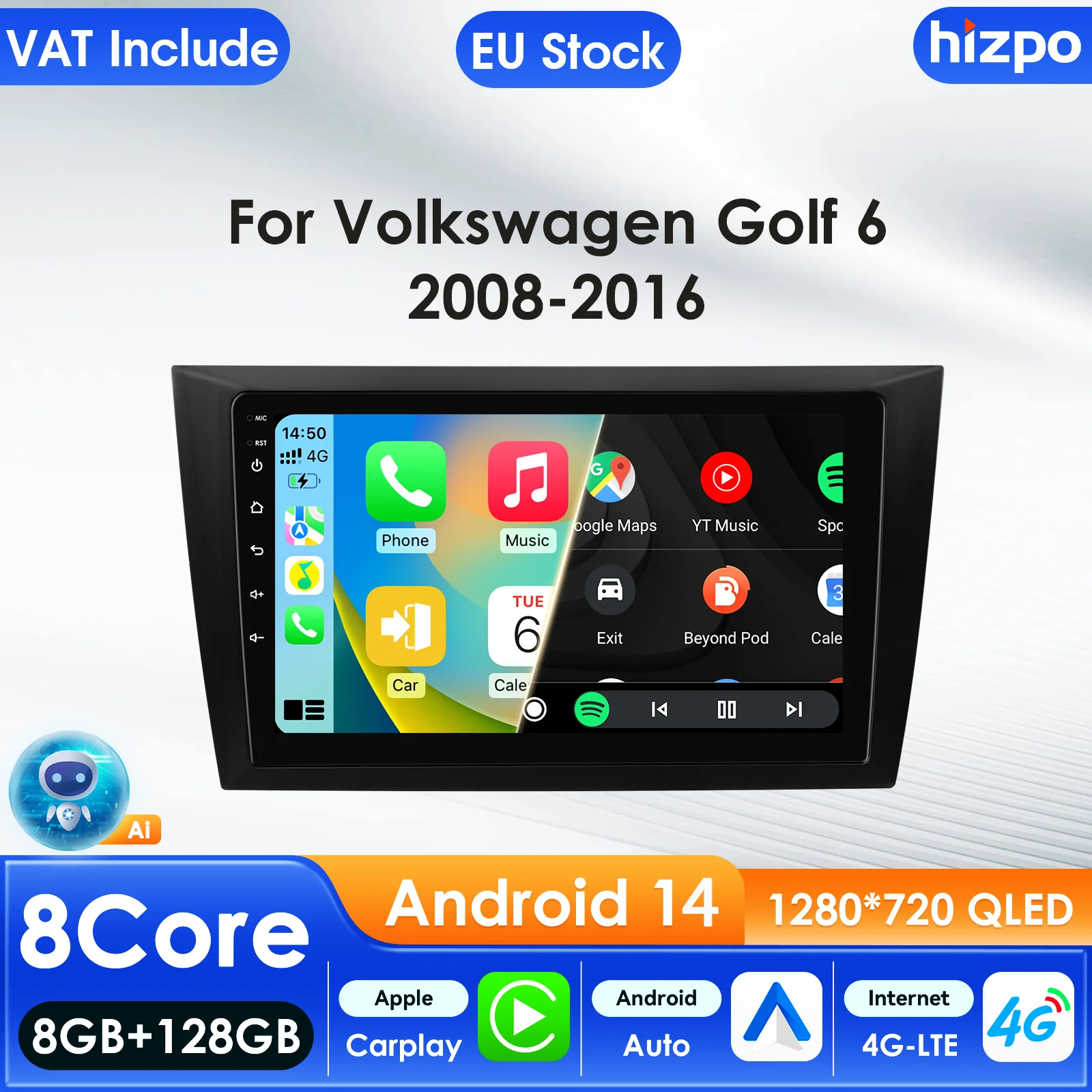 Hizpo Autoradio für Volkswagen Golf 6 2008–2016, Audio-Multimedia-Player, CarPlay, Android, Auto, GPS, Bluetooth, WLAN, FM, Autoradio AI