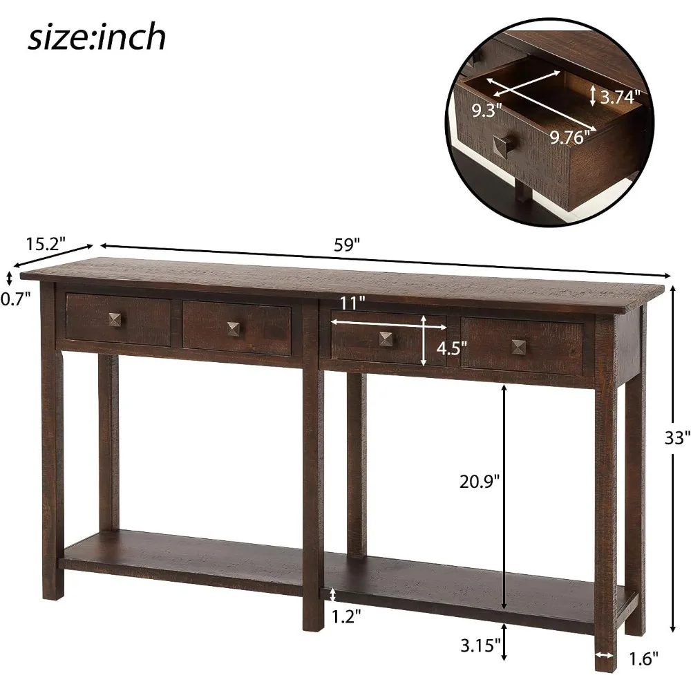 59 inch Sofa Table with Drawers,Solid Wood Table with Storage and Bottom Shelf,Easy Assmebly for Living Room/Hallway/Entryway