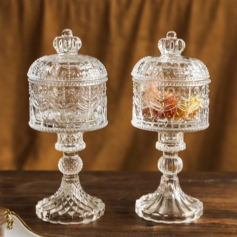 Creative Crown Relief Glass Jar Jewelry Box with Lid High Bowl Exquisite Home Decoration Candy Box Storage Jar Dried Fruit Box