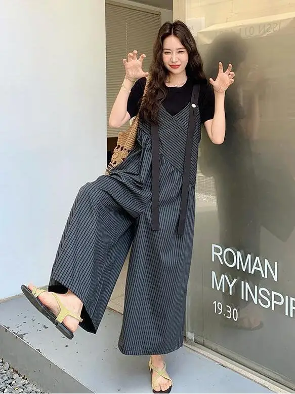 

Korea Two-Piece Casual Striped Wide-Leg Overalls Loose Short-Sleeved Women'S Summer Thin 2025 New Niche Design Suit