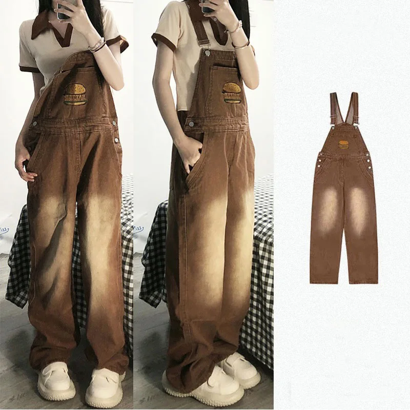 Monos rectos holgados para mujer, pantalones con tirantes de mezclilla marrón Vintage americano, bordado de Hamburgo, mono de tendencia de moda