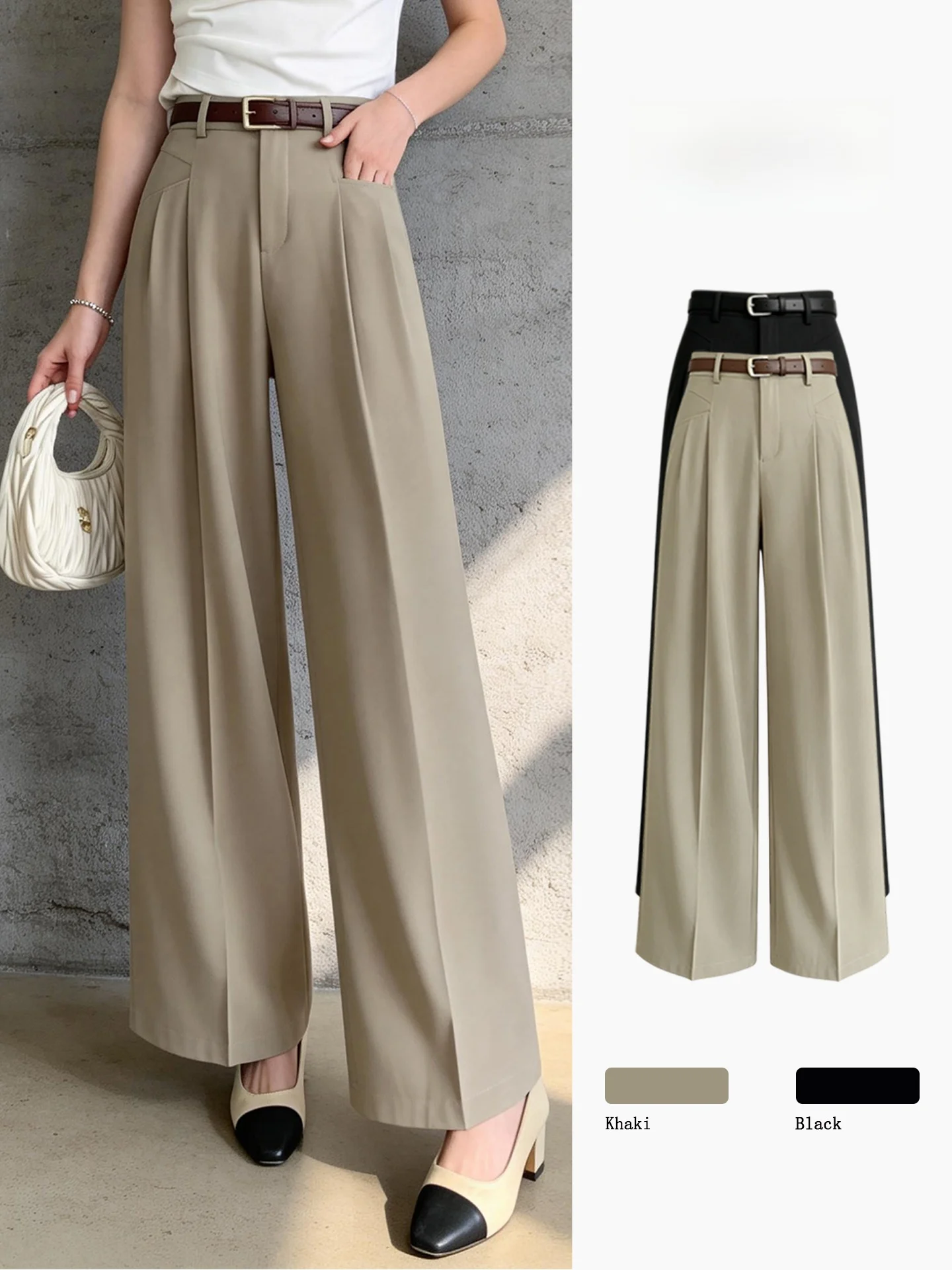 

Khaki High Waist Wide Leg Suit Pants Women Summer Minimalist High-End Slimming Small Size Drapey Commute Casual Long Trousers