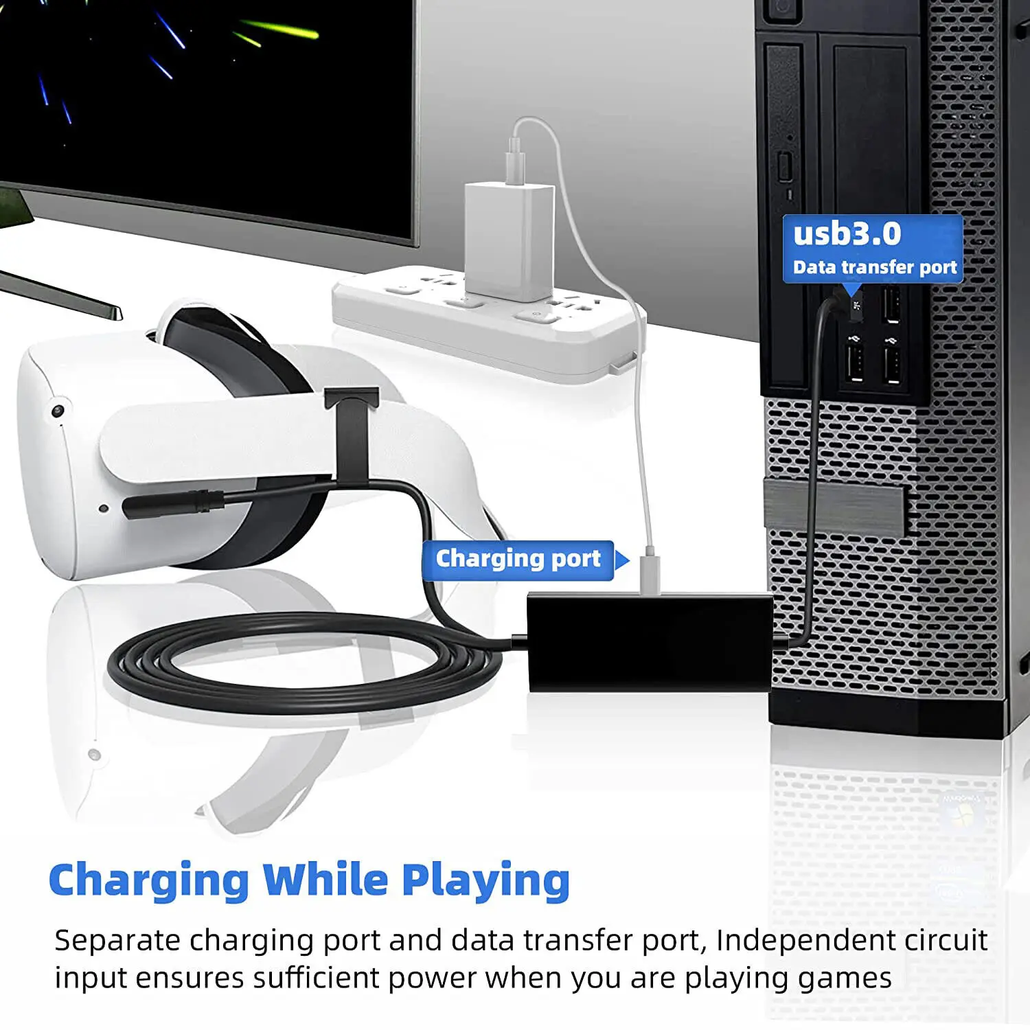 5m/16FT Link สำหรับ Quest 2/ forPICO4/สำหรับ Neo3/สำหรับ meta Quest Pro Link VR ชุดหูฟัง Extra CHARGING Port VR ชุดหูฟัง LINK CABLE