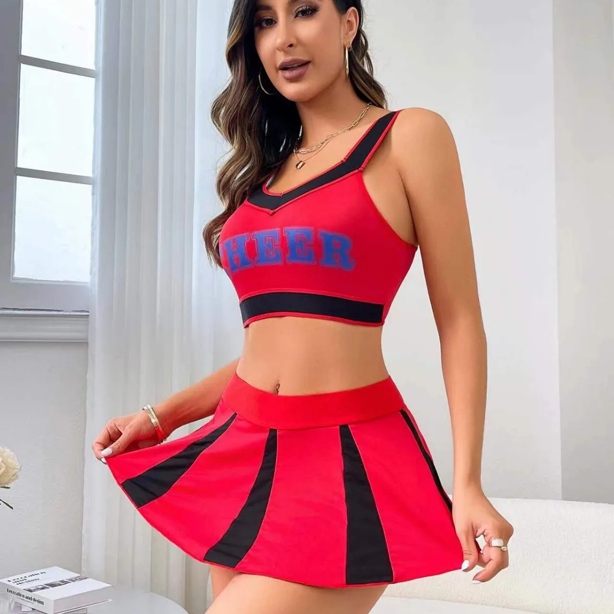 Cheerleading Miniskirt Sexy Top Set Full Coverage Tank Bra and Skirt