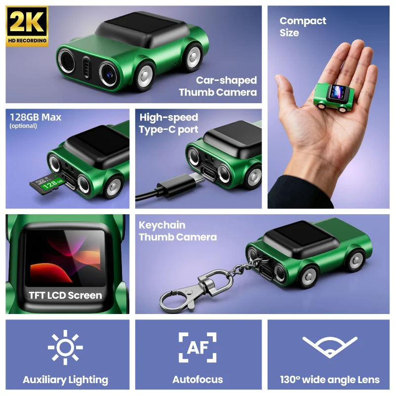 كاميرا الإبهام 2K HD المفاتيح كاميرا صغيرة شكل السيارة 130 زاوية واسعة عدسة التركيز التلقائي TFT شاشة LCD المحمولة جيب مسجل فيديو