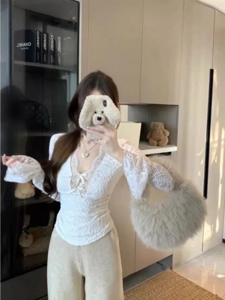 

Сексуальная женская зимняя облегающая футболка с v-Ne Long Sve Lace irt, нижнее белье, базовый топ с узлом