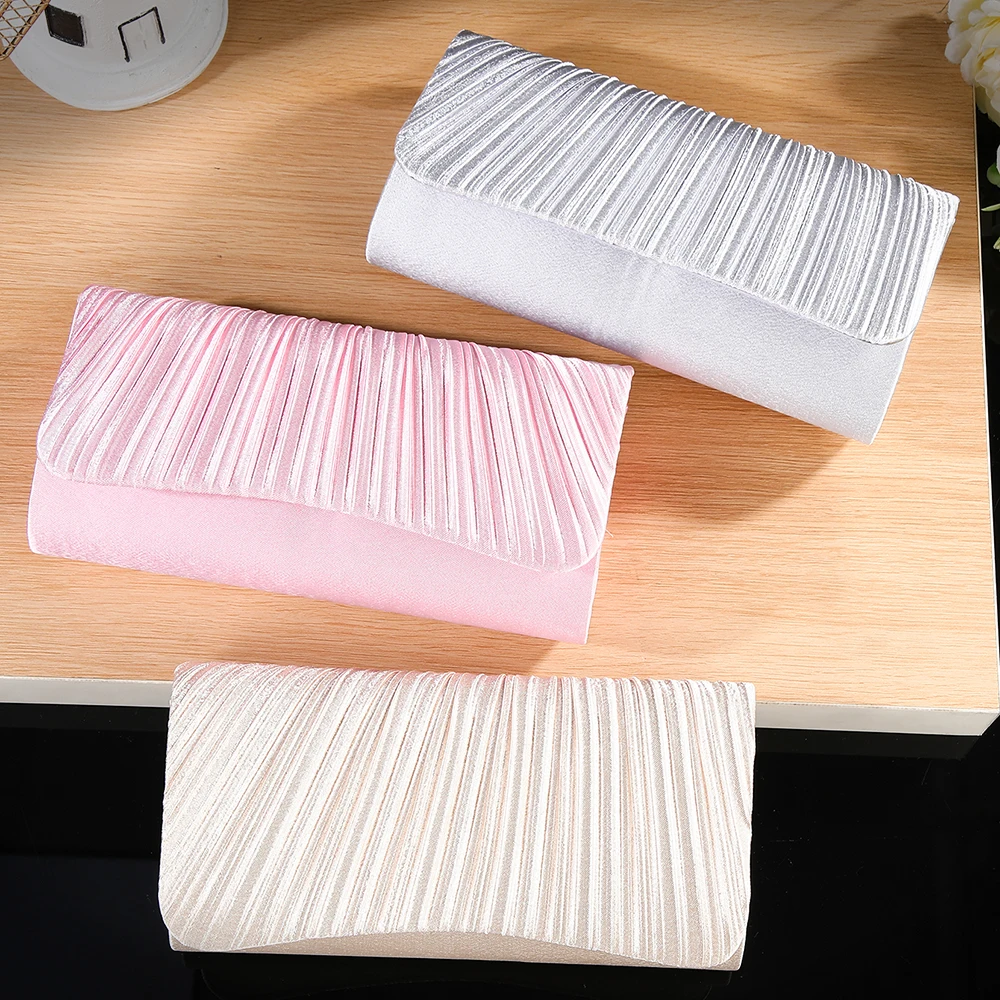 New pleated satin evening bag with adjustable strap - clutch bag for brides, wedding, parties and formal wear.