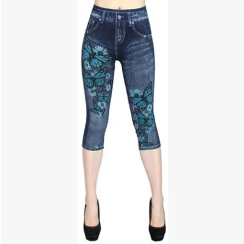 2022 New Vintage Butterfly Print Imitation Denim Leggings Fashion Pant Jeans Women Elastic Tight Female Shorts Clothing Trousers