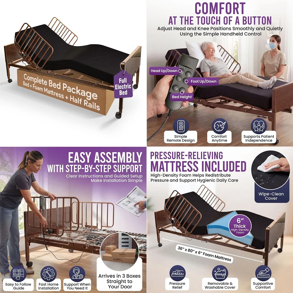 

Electric Hospital Bed Set Foam Mattress, Half Rails Included Enhanced Comfort, Convenience