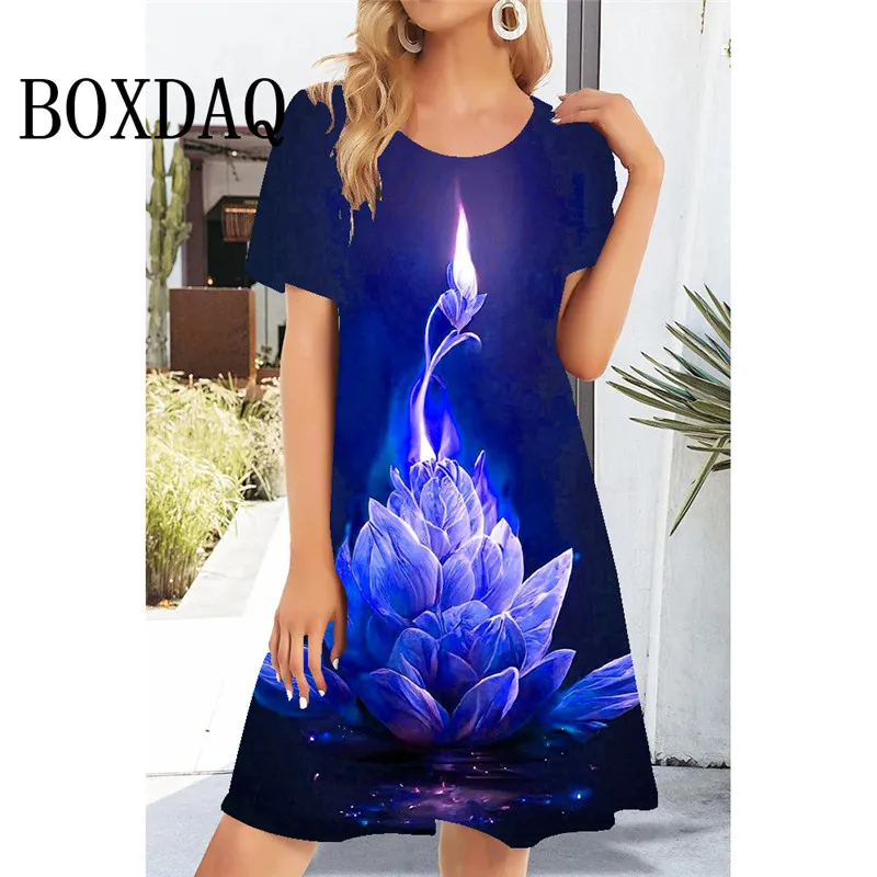 New Mini Dress 2024 Women's Clothing Elegant Short Sleeve Floral Print Fashion Loose Dress Round Neck Casual Party A-Line Dress