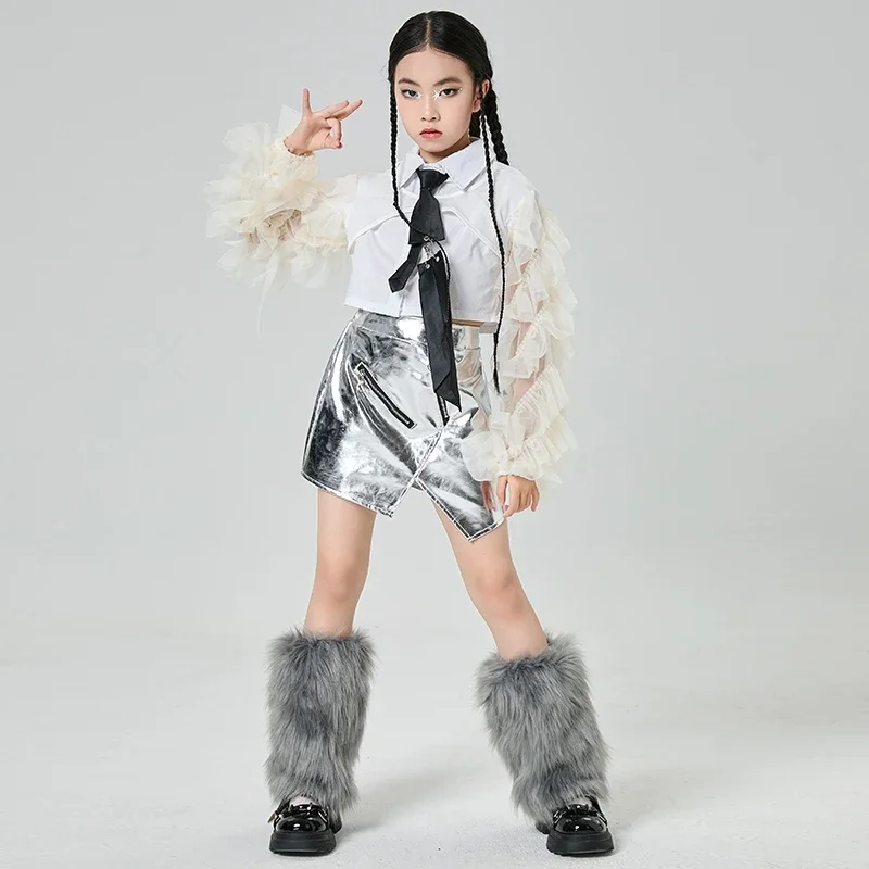 Jazz Dance Kostüm Für Mädchen K-pop Stages Kleidung Weißes Hemd Silbrig Leder Rock Anzug Street Dance Performance Kleidung XH2757
