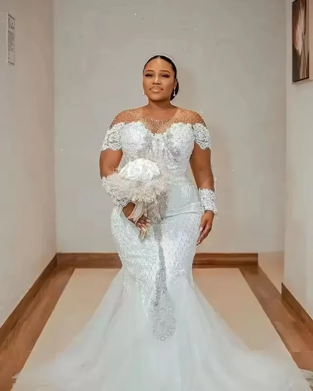 

Customized Scoop Neckline Illusion Full Sleeves Mermaid Beaded Wedding Dresses Lace Appliques Robe De Mariée Bridal Gowns