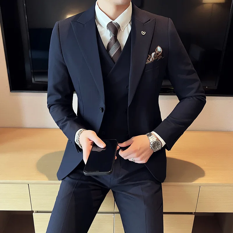 L098 Slim Korean style double button solid color light business suit wedding best man groom dress male