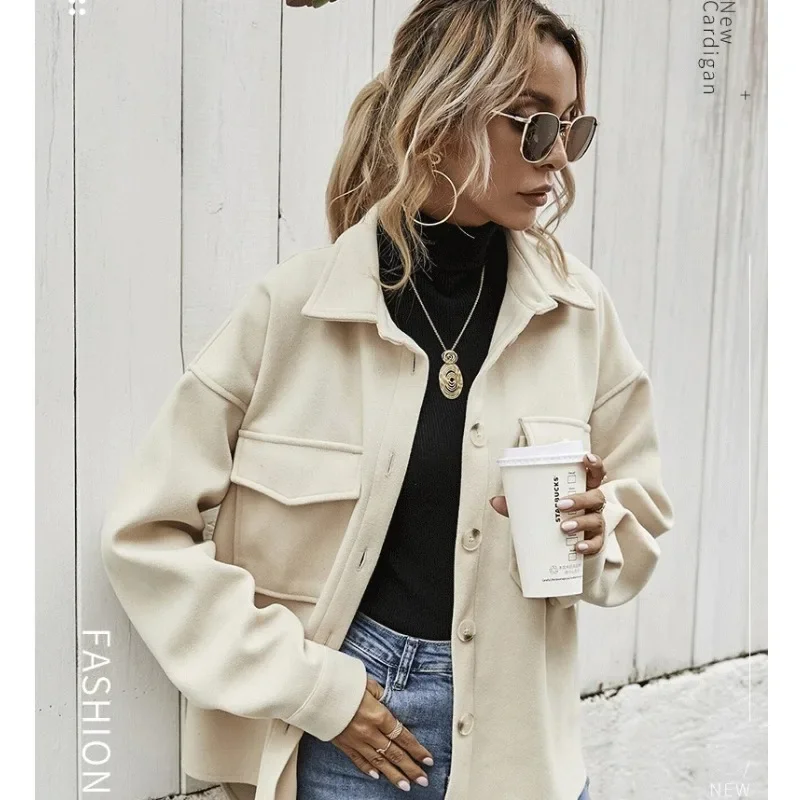 Women Tweed Jacket Loose Wool Coat Single-breasted Blouse Long Sleeve Chic Design Pockets Tops Office Ladies Clothing Solid