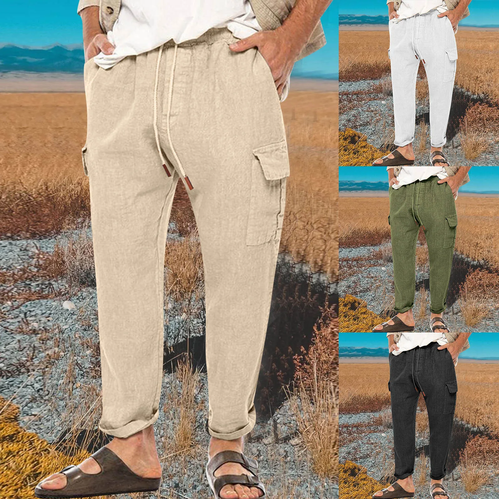 

Men's Spring and Autumn European and American Cargo Linen Trousers Multi-pocket Casual Pants