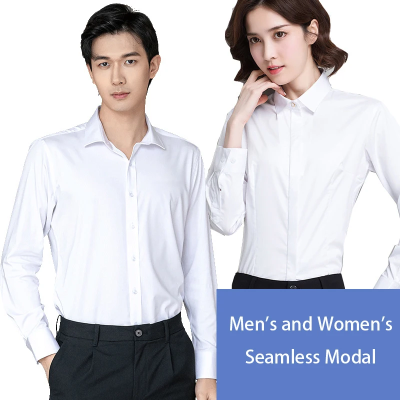 Large size men's and women's same business wear OL commuting anti-wrinkle no-iron modal seamless long-sleeved work white shirt