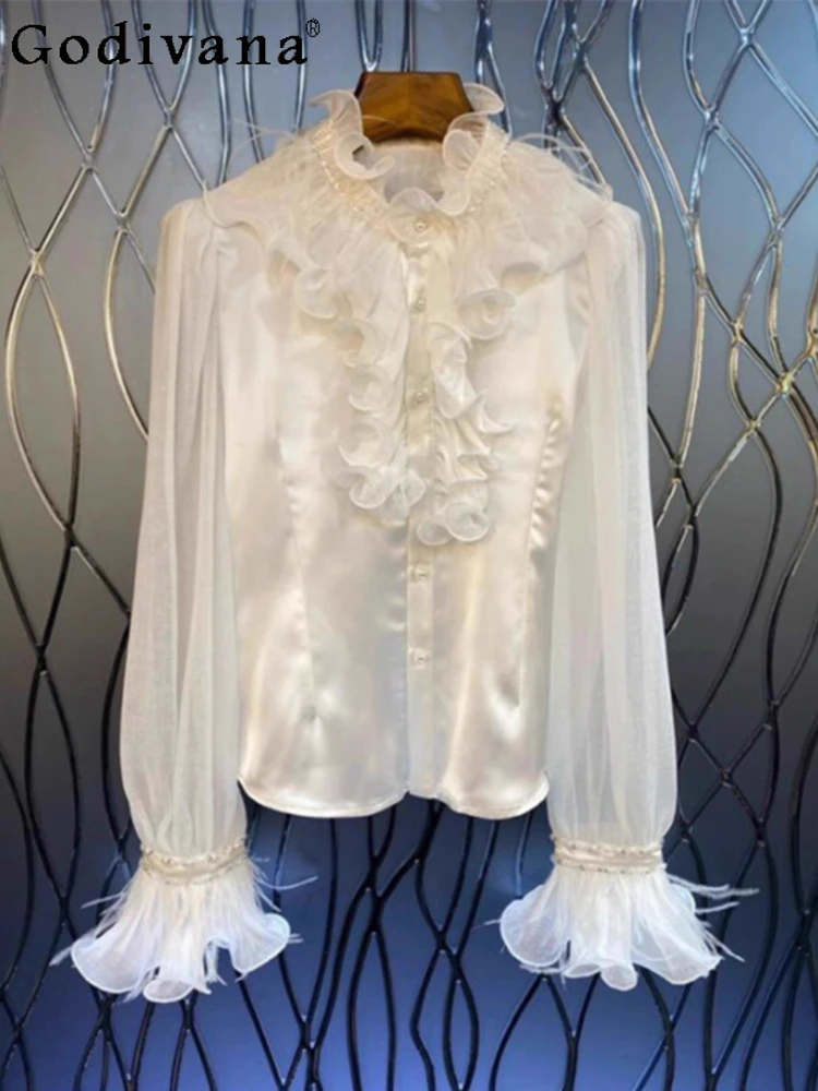 

French Court Sweet Ruffles Beaded Fashion Versatile Long Sleeve Shirt Girl Spring Autumn New Loose Stand-up Collar Apricot Top
