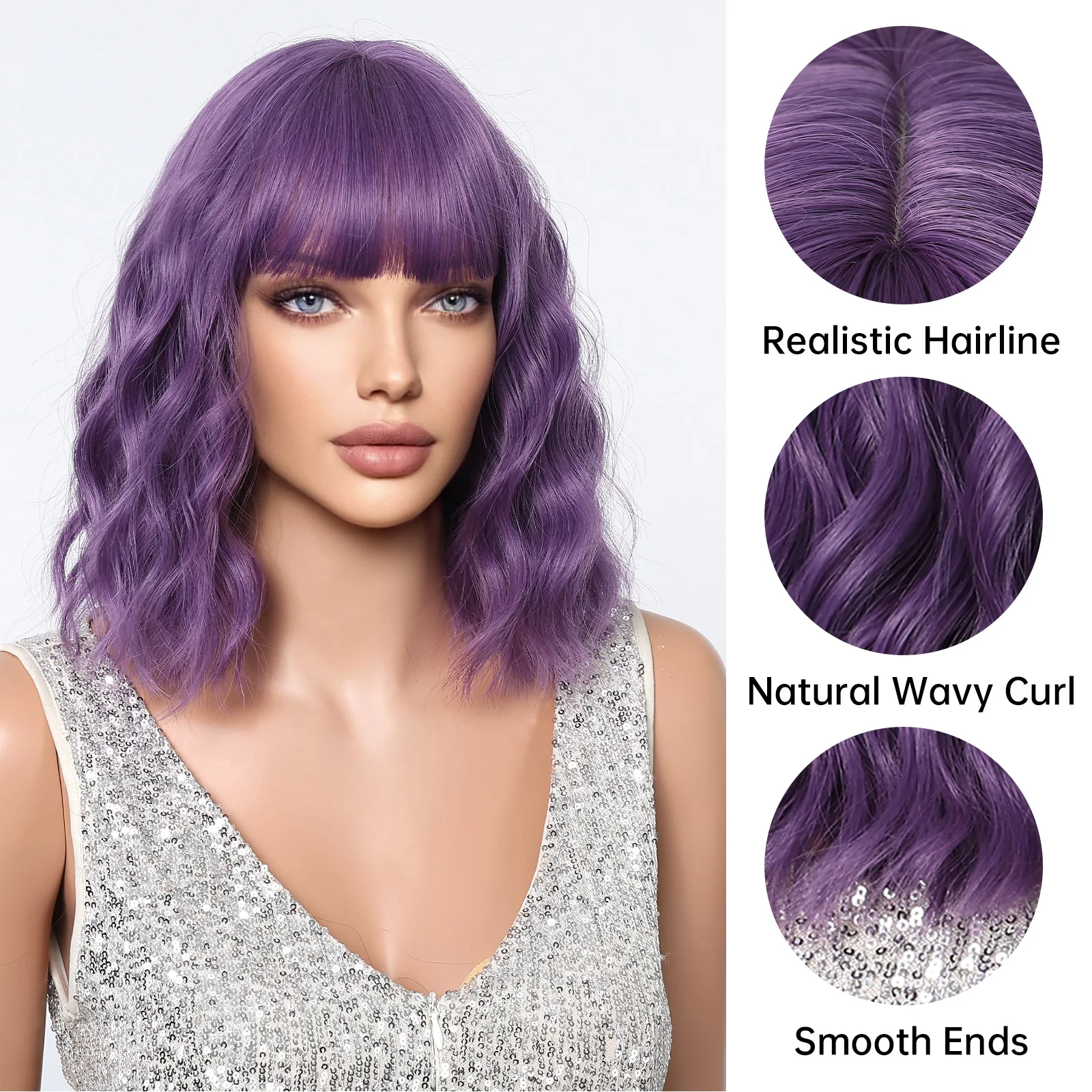 لويس فيري-شعر مستعار اصطناعي أرجواني مموج قصير للنساء ، شعر طبيعي ، شعر مستعار تأثيري مع الانفجارات ، ألياف مقاومة للحرارة ، حفلات يومية