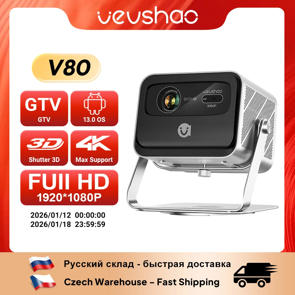 VEVSHAO V80 4K Projector Full HD1080P 2200 Anis Lumens Android 11.0 WiFi 6 Video Home Movie Theater Projectors with Base Stand