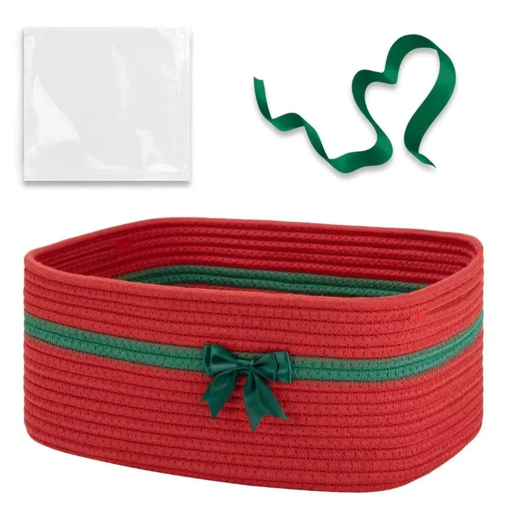 Festive With Handle Cotton Rope Basket Bowknot Decor Ribbon Christmas Gift Container Desktop Organizer Basket Home Storage