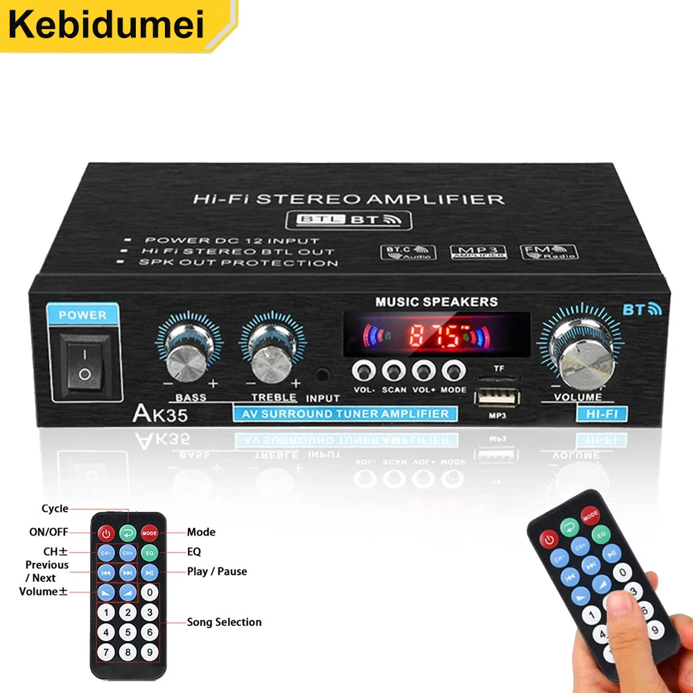 

Цифровой усилитель звука AK35 для дома, 110-240В, с регулировкой басов, Bluetooth, Hi-Fi, FM, автоматическое воспроизведение музыки, сабвуфер, колонки, вилка EU