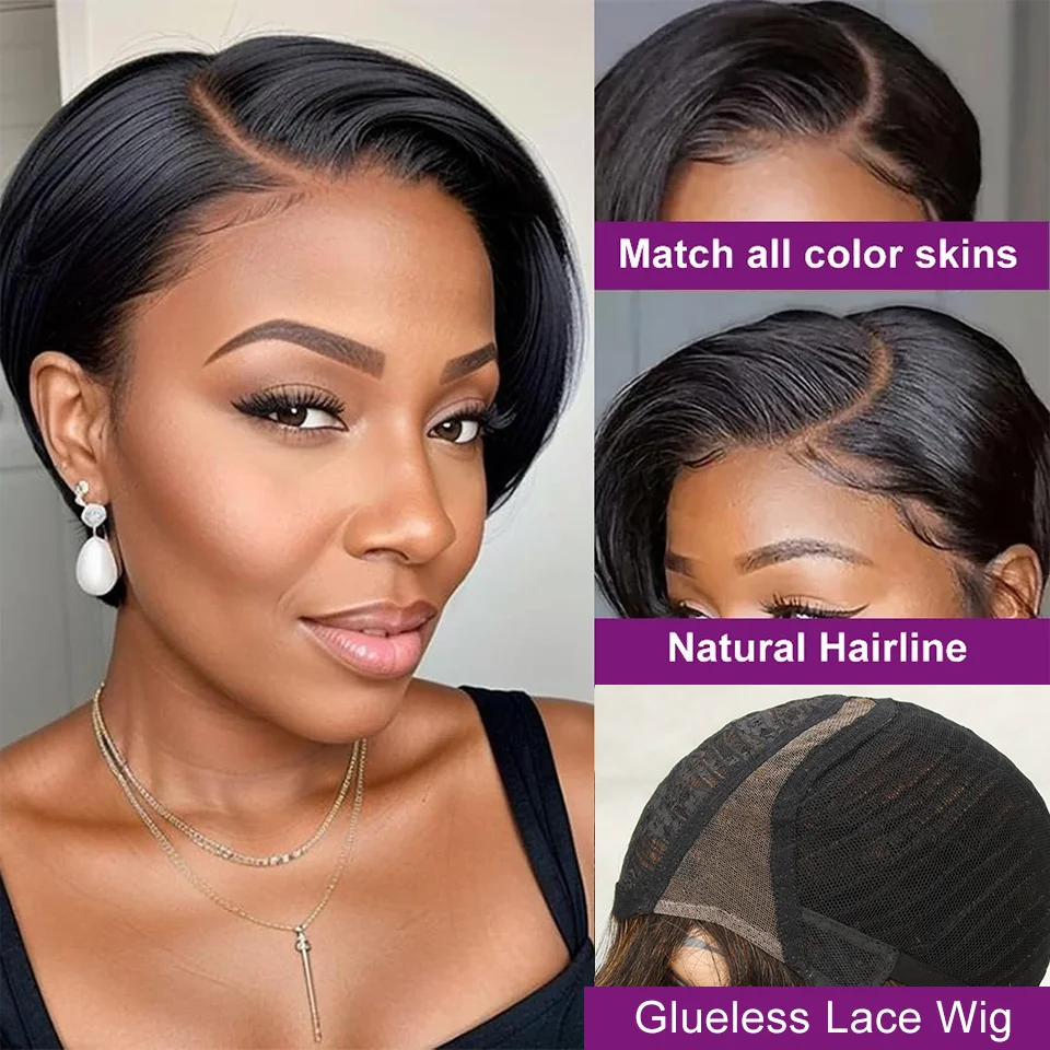 Glueless Straight Pixie Cut Human Hair Wigs Short Wig Right Part Lace Wigs Pixie Cut Wig Natural 100% Human Black Wig