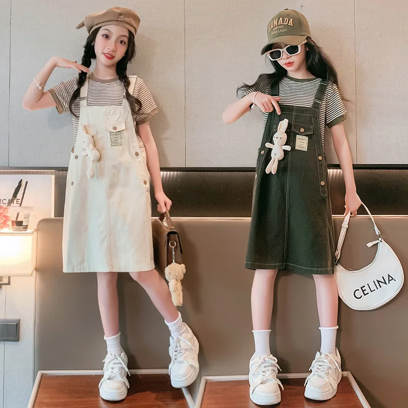 2024 Korean Summer Junior Girl 2-Piece Sets Children Girl Striped T-shirt+Denim Suspender Skirt School Girl Casual Suit 4-12Yrs