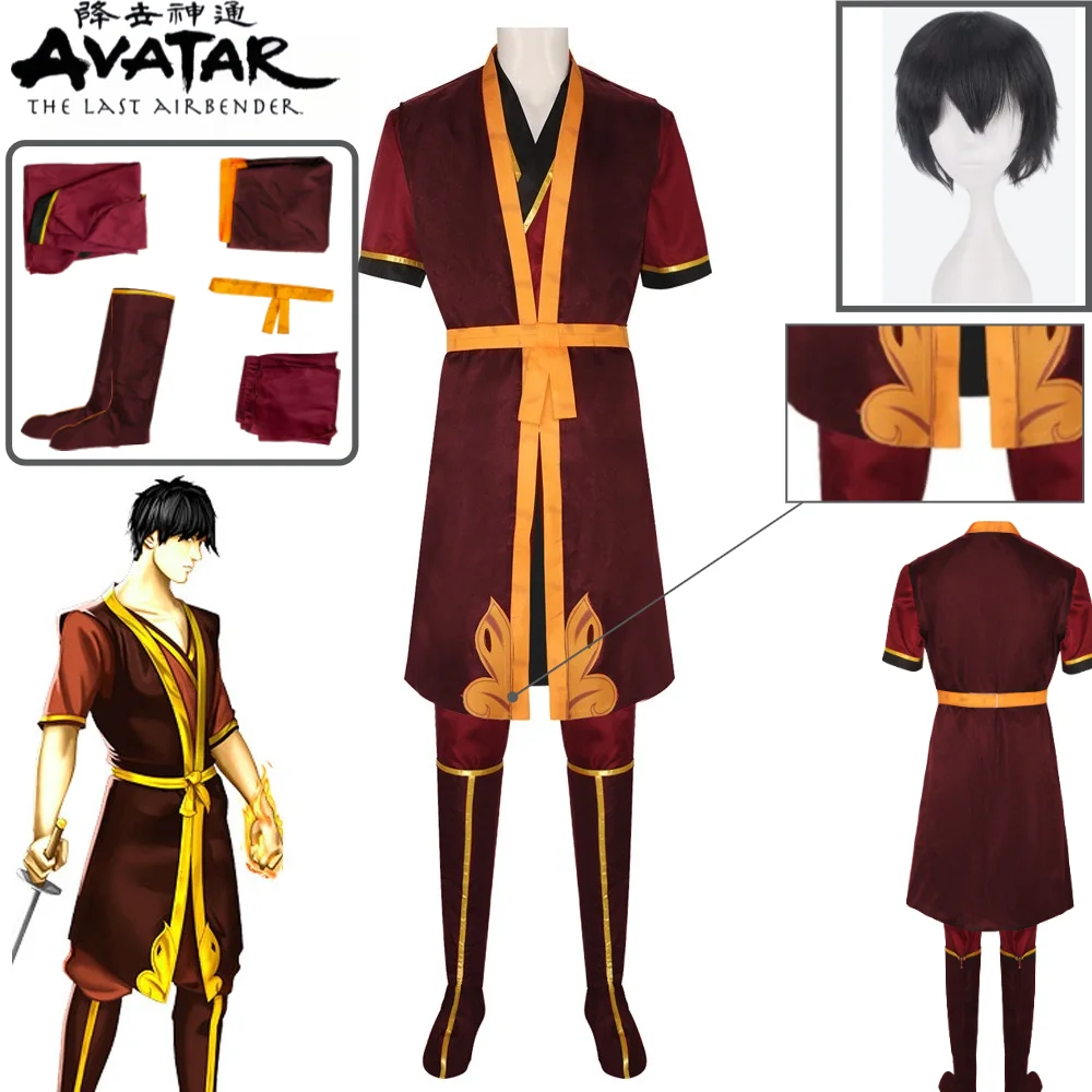 

Avatar The Last Airbender Zuko Cosplay Costume Red and Black Outfit with Gold Trim Wig Full Cosplay Costume Set Halloween Party