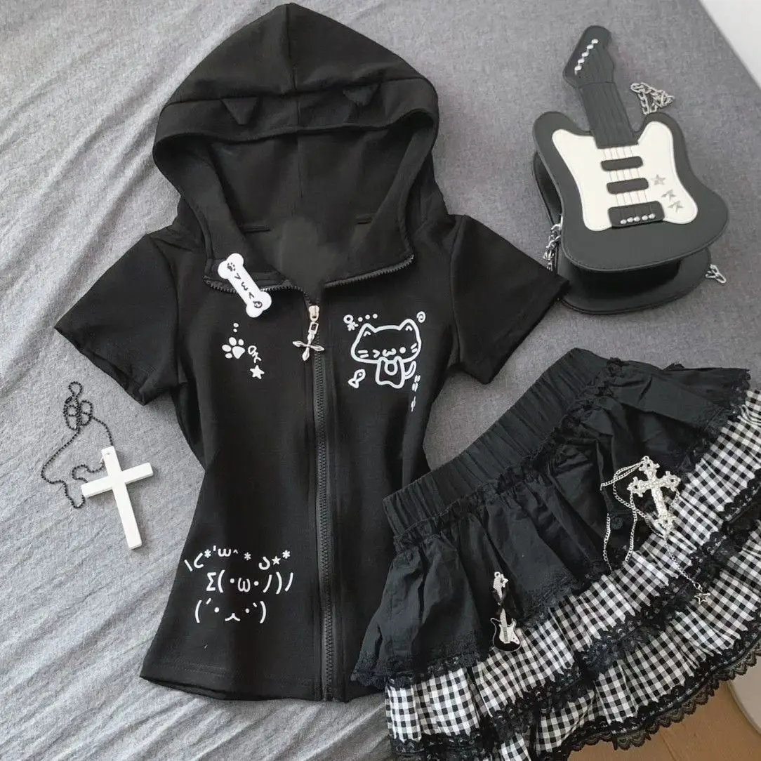 Cseta fena com capuz de orelha de gato, manga curta, e, estilo japonês, estilo preguiçoso, cultura, roupa casua...