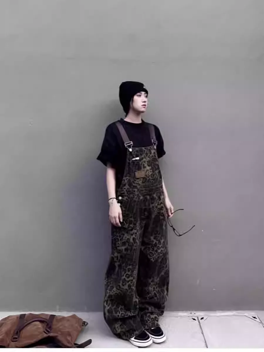 

American Sle Leopard Print Denim Overalls Women's Spring New Design Retro Street Straight Leg Wide Leg Jumpsuit