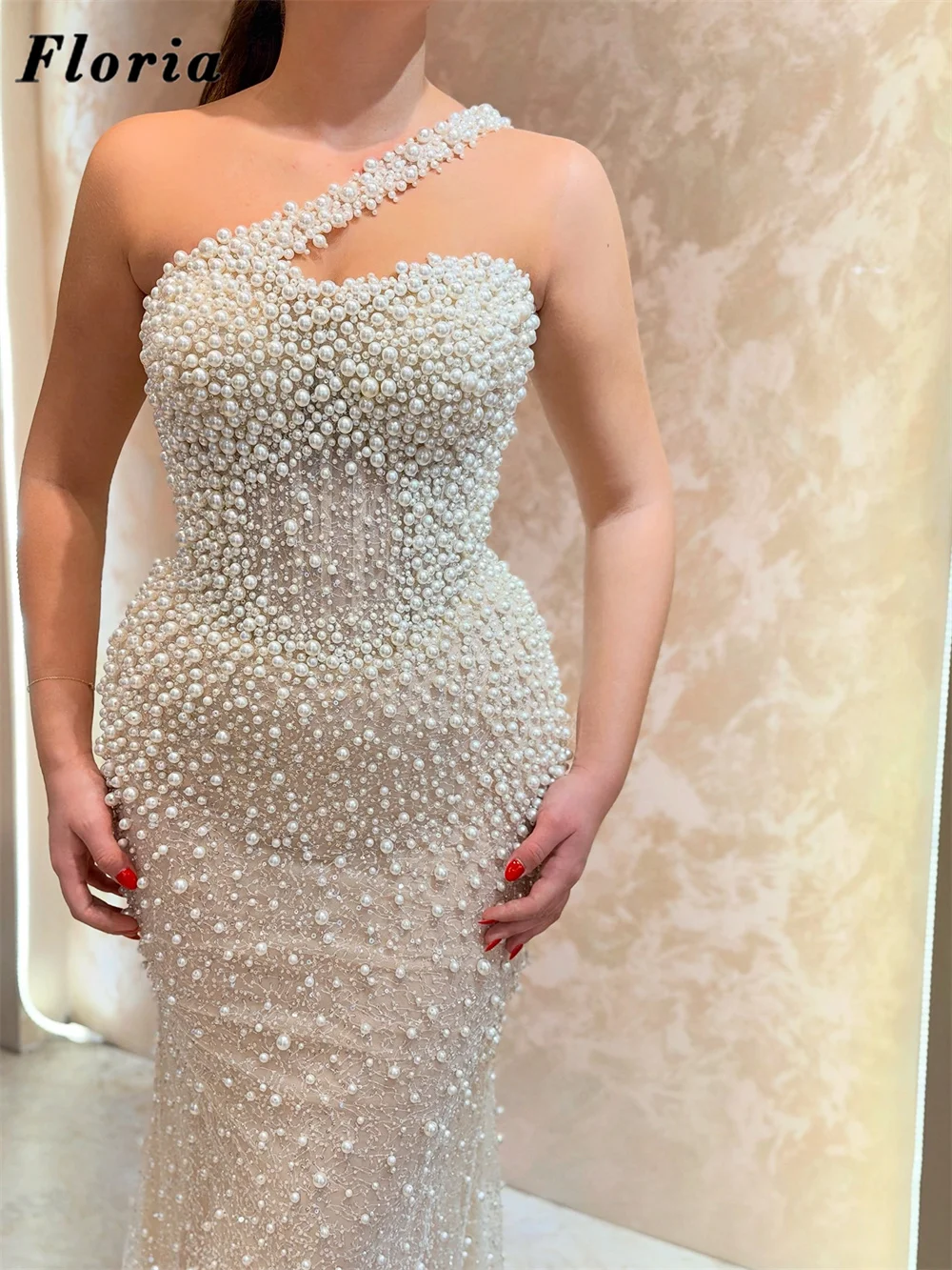 Coutures Pearls Mermaid Celebrity Dresses Halter Formal Occasion Dress Customized Champagne Beaded Party Night Gowns Engagement
