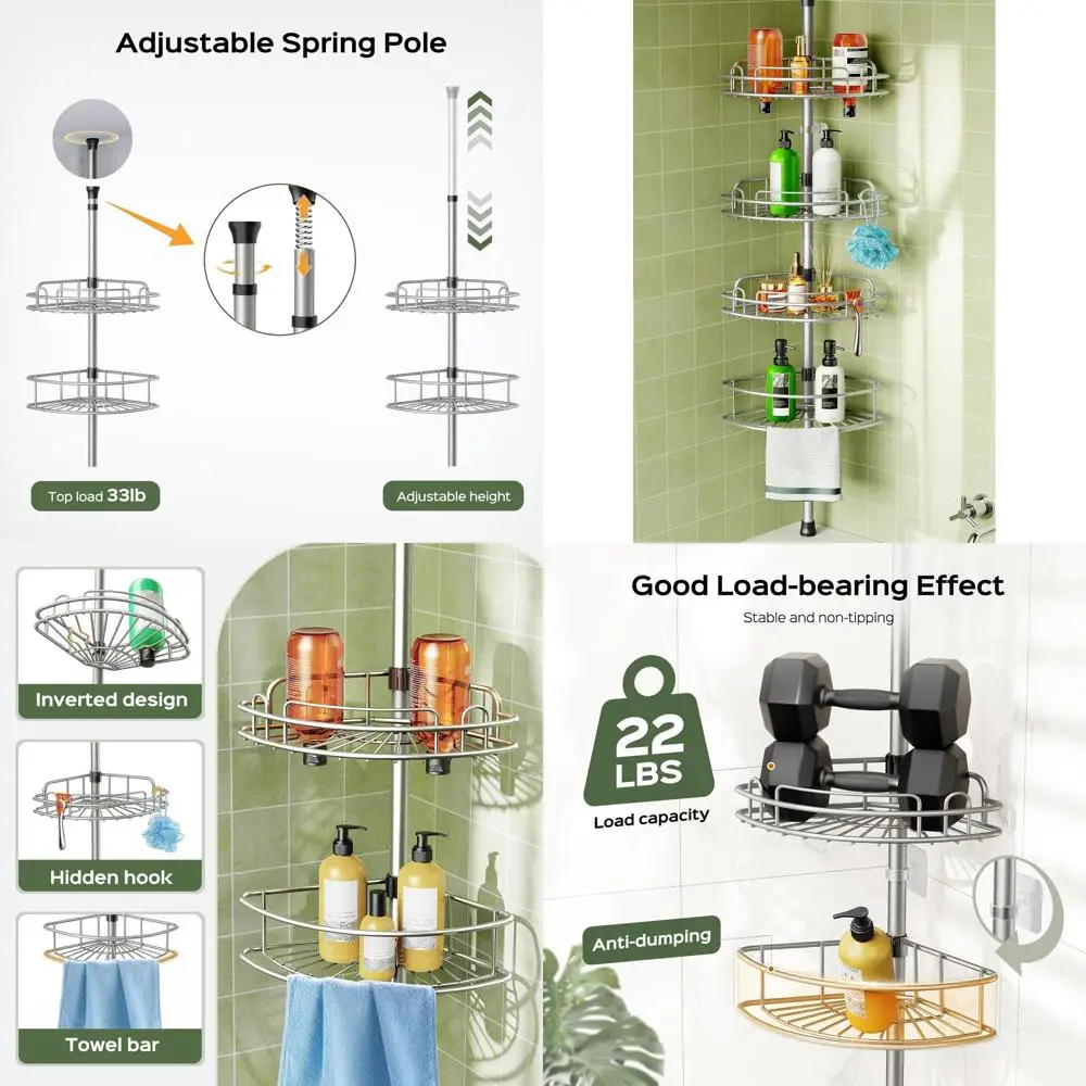 

Adjustable 4-Tier Tension Pole Shower Caddy, Rust-Resistant, Space-Saving Organizer, 47-121 Inch, No-Drill Install, Silver Gray