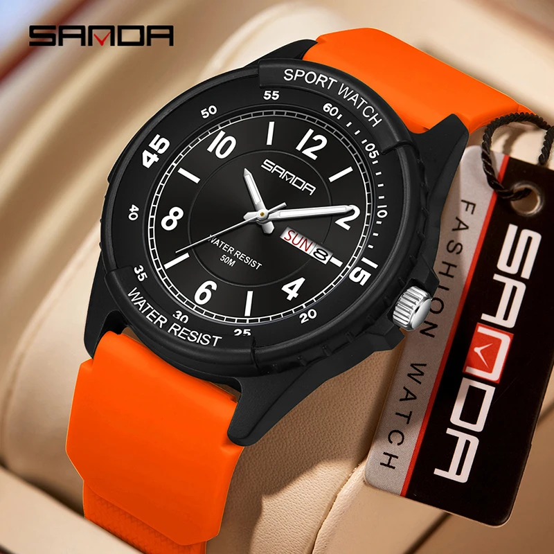 

SANDA 2026 Новые мужские кварцевые часы с календарем, ночной подсветкой, водонепроницаемые, с силиконовым ремешком, спортивные, студенческие часы 6358