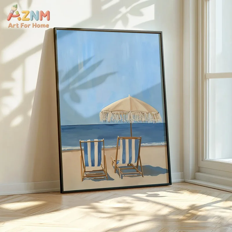 AZNM Coastal Blue Hydrangea Canvas Print Sailboat Beach Chair Summer Seaside Cottage Nautical Soft Oil Painting Style Wall Poste