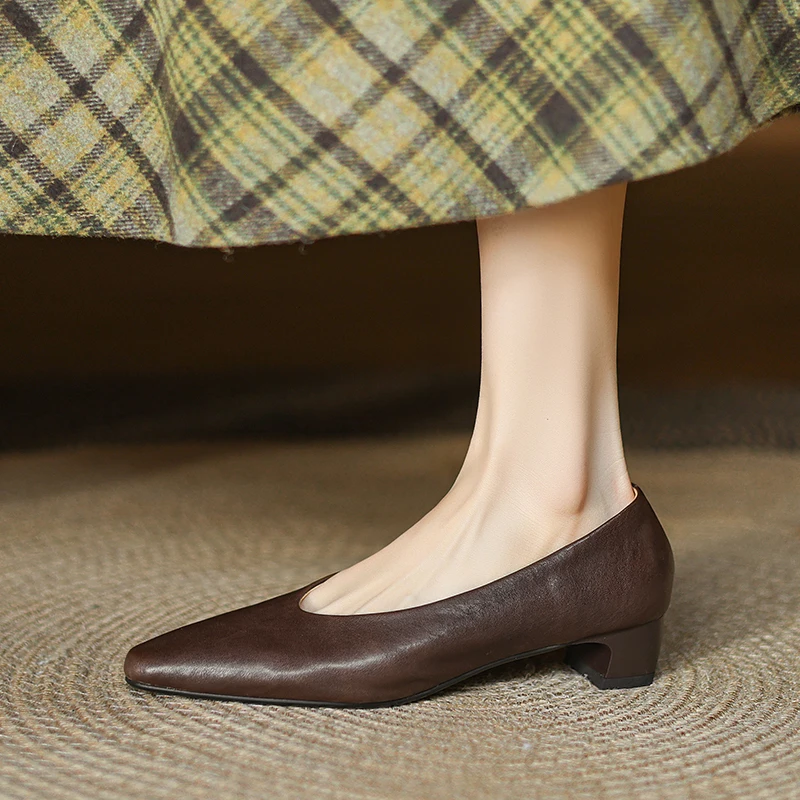 2026 new spring summer women pumps natural leather plus size 22-25.5cm cowhide+pigskin square toe thick heel women shoes