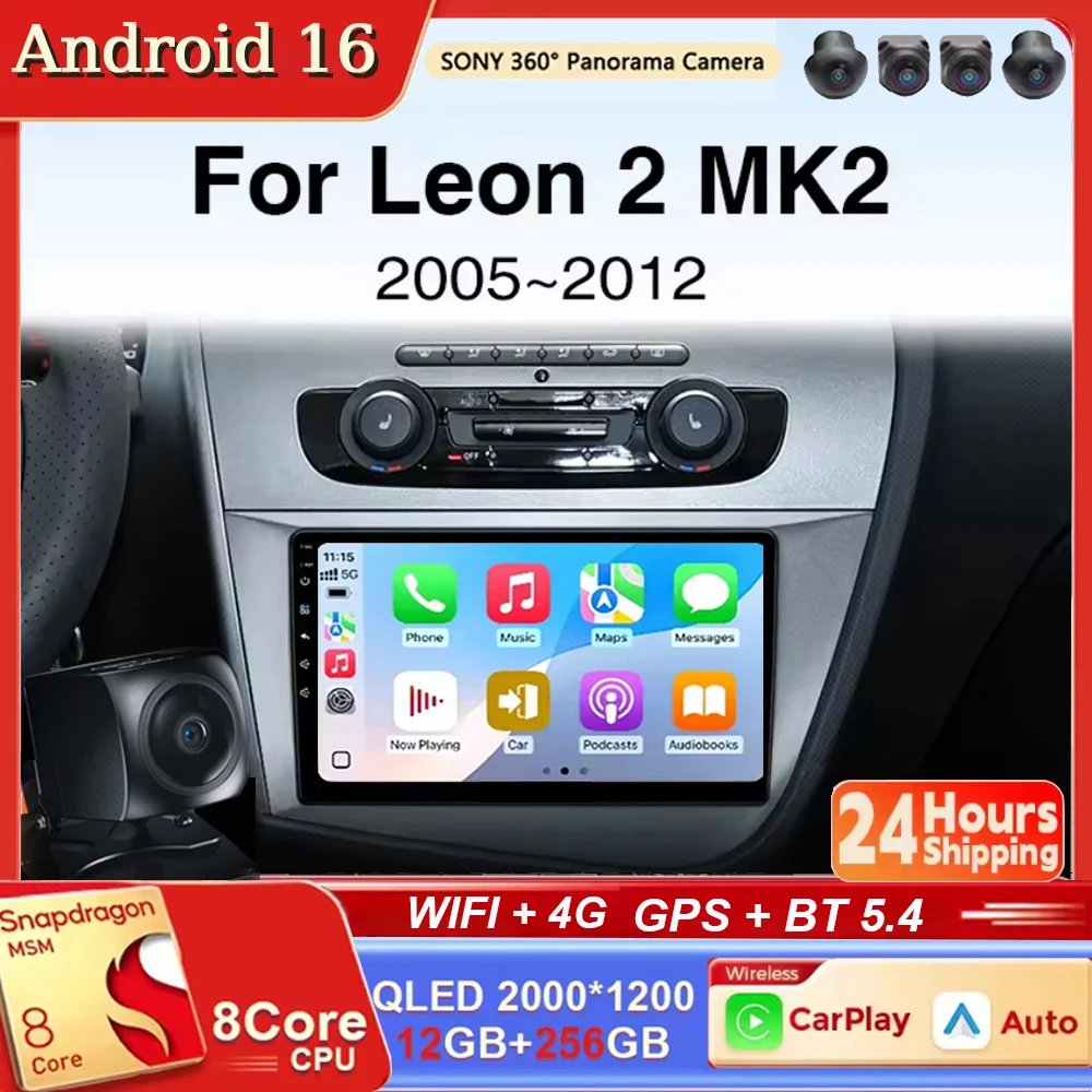 Radio para Auto con Android 16, Carplay y Auto para SEAT Leon MK2 2005 2007 2008 2009 2010 2011 2012, Navegación, Reproductor Multimedia Estéreo, Bluetooth