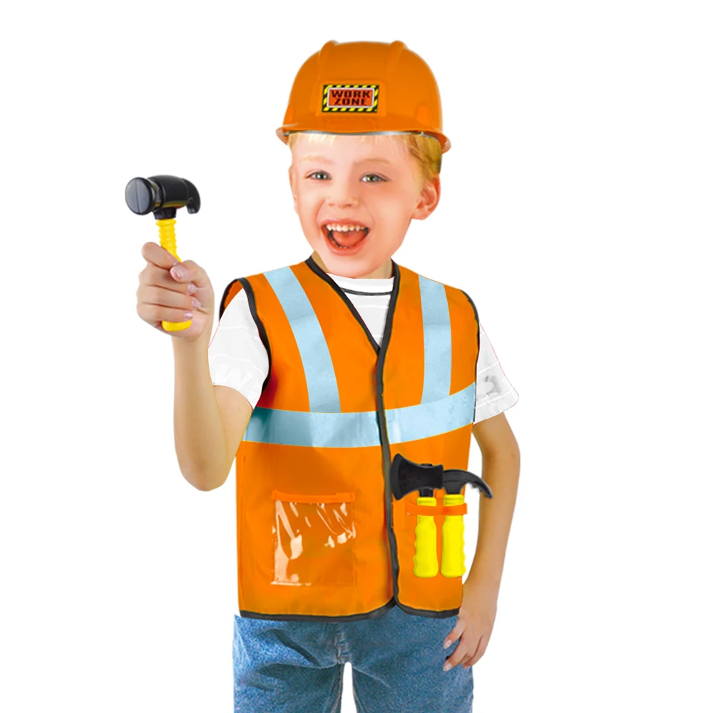 Construction Worker Costume for Boys, Pretend Builder Career Outfit for Kids, Role Play Dress Up for Halloween and Christmas